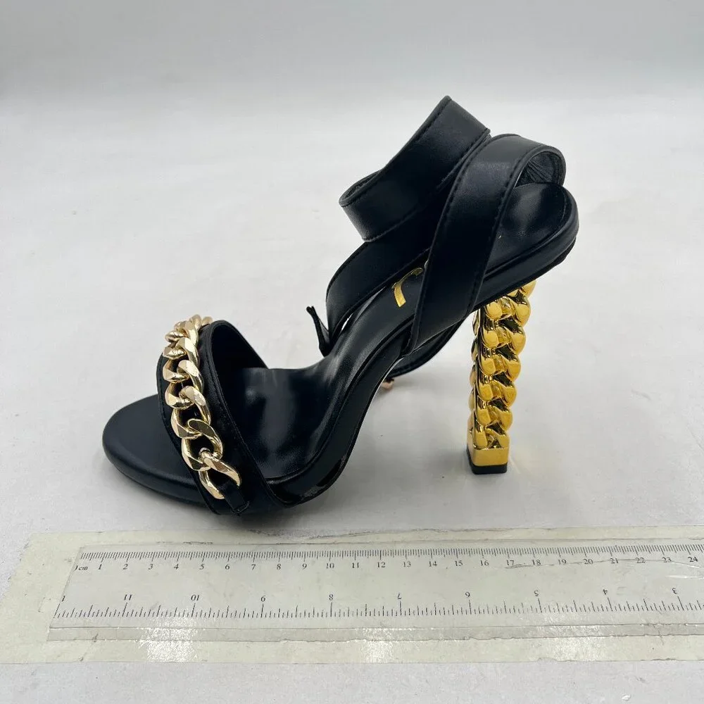 FSJ Black Chain Gold Metal Chain Chunky High Heels Ankle Strap Open Toe Sandals - Picture 2 of 8